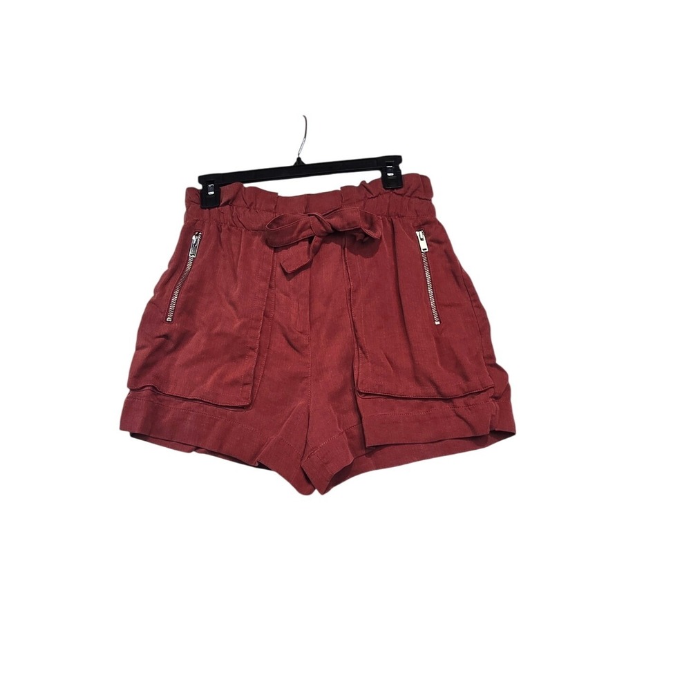 Zara Corduroy Shorts Womens Medium Rust Red Paperbag Waist Zipper Pockets